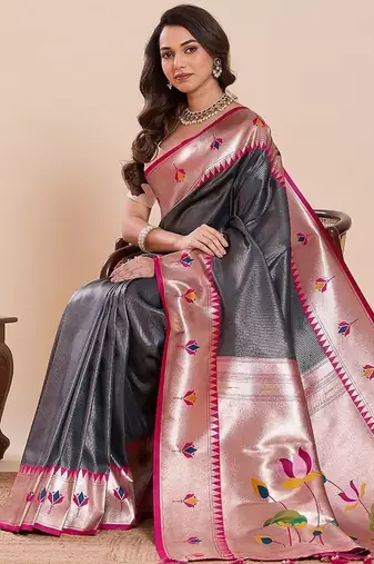 dark blue art silk woven kanjivaram silk saree with blouses