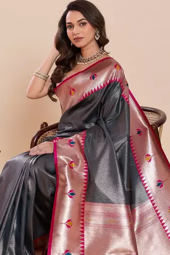 dark blue art silk woven kanjivaram silk saree with blouses