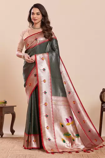 green art silk woven kanjivaram silk saree with blouses