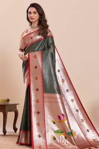 green art silk woven kanjivaram silk saree with blouses