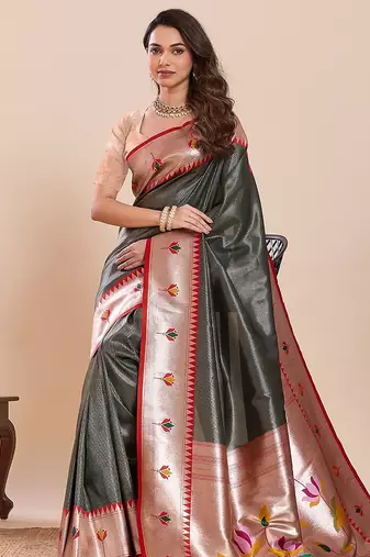 green art silk woven kanjivaram silk saree with blouses