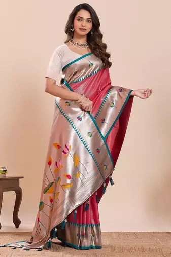 pink art silk woven kanjivaram silk saree with blouses