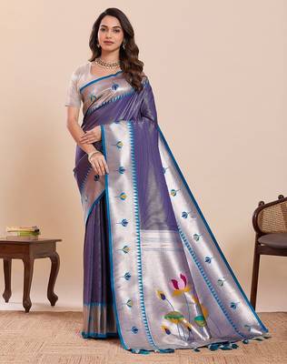 violet art silk woven kanjivaram silk saree with blouses 1