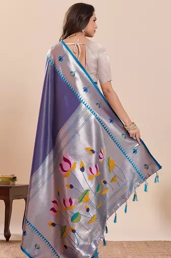 violet art silk woven kanjivaram silk saree with blouses