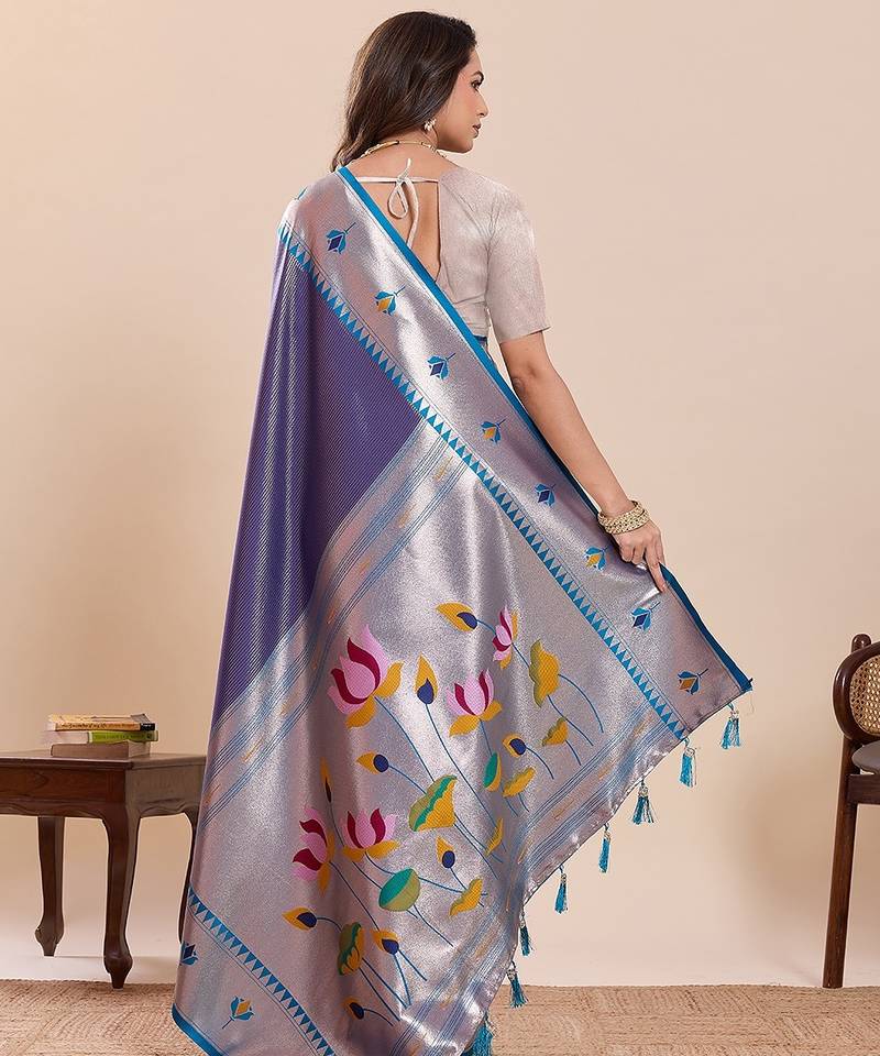 violet art silk woven kanjivaram silk saree with blouses