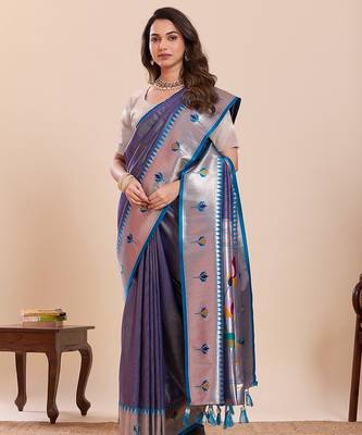 violet art silk woven kanjivaram silk saree with blouses 4