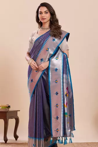violet art silk woven kanjivaram silk saree with blouses