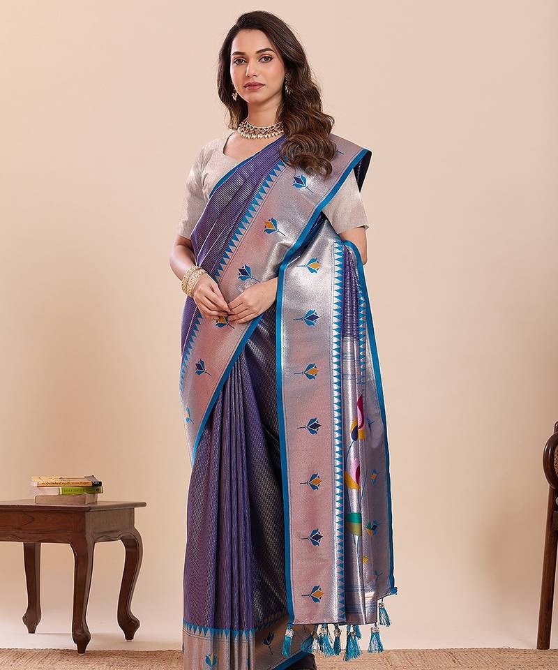 violet art silk woven kanjivaram silk saree with blouses