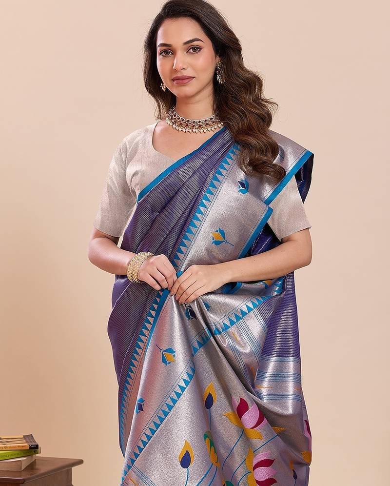 violet art silk woven kanjivaram silk saree with blouses