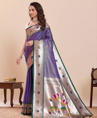 violet art silk woven kanjivaram silk saree with blouses 2