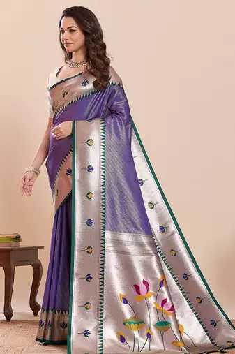 violet art silk woven kanjivaram silk saree with blouses