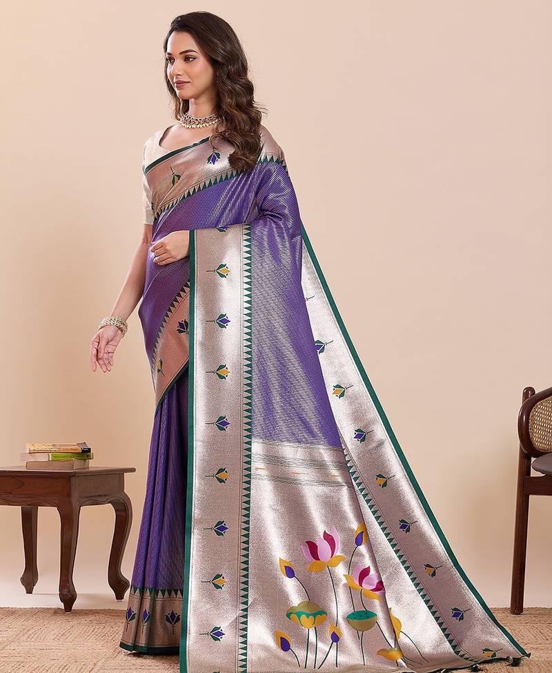 violet art silk woven kanjivaram silk saree with blouses
