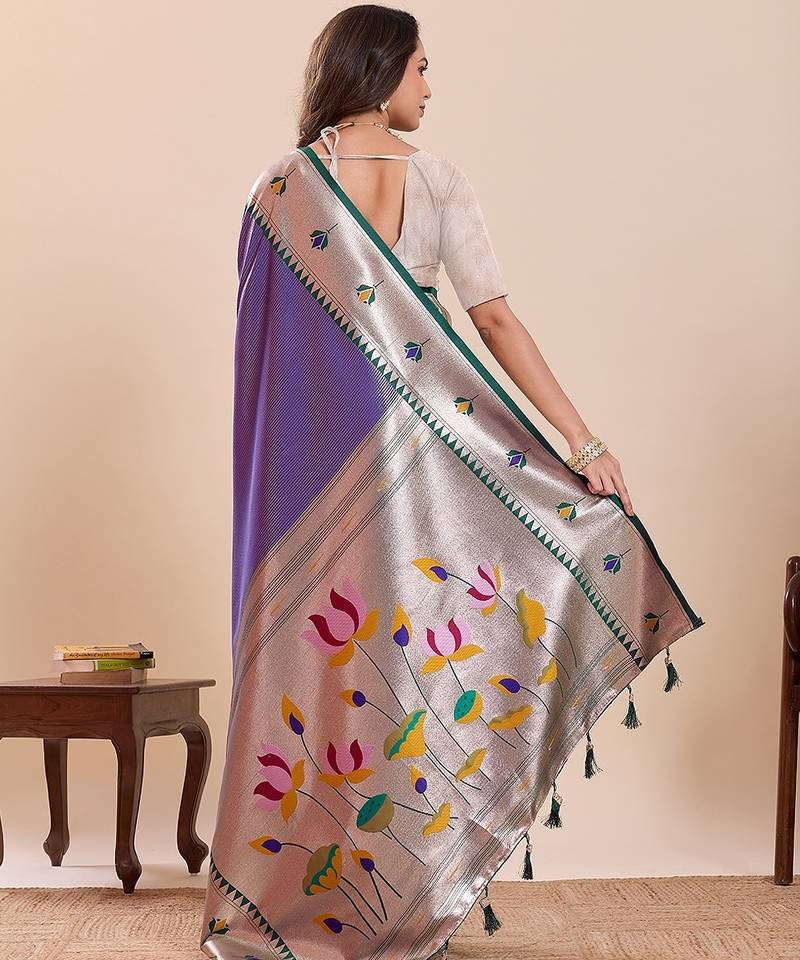 violet art silk woven kanjivaram silk saree with blouses