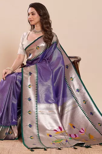violet art silk woven kanjivaram silk saree with blouses