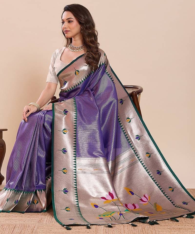 violet art silk woven kanjivaram silk saree with blouses
