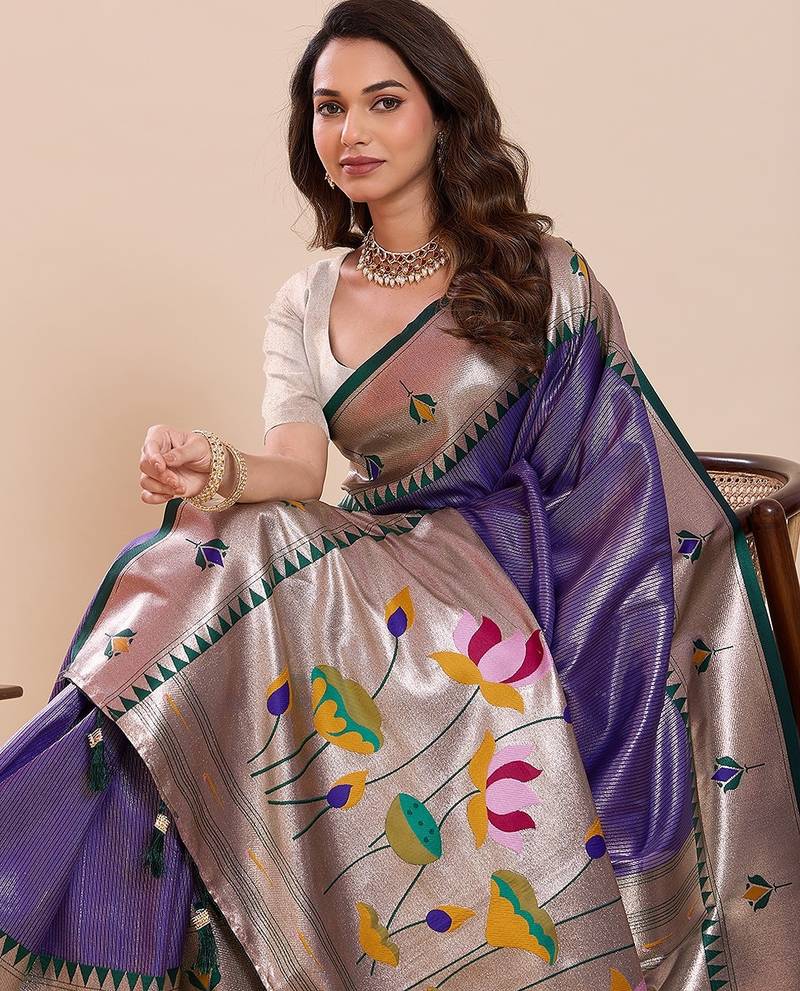 violet art silk woven kanjivaram silk saree with blouses