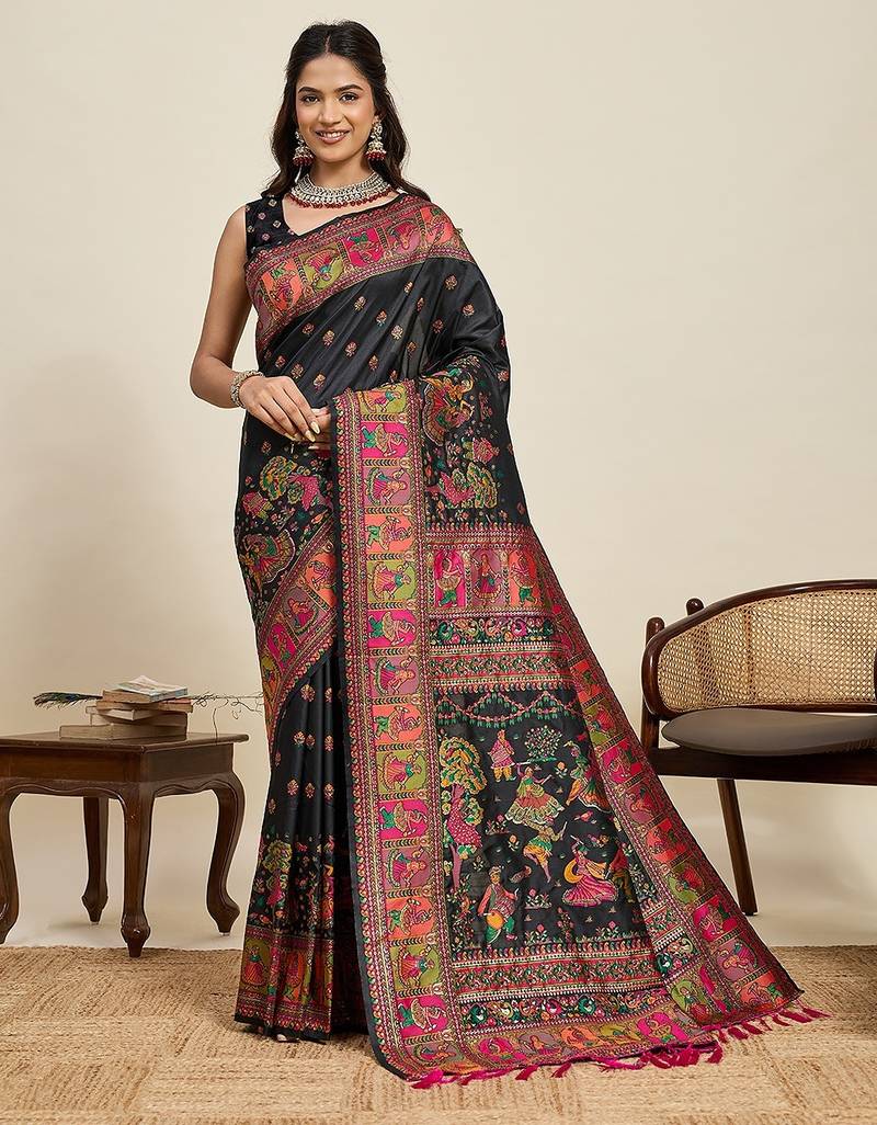 black art silk woven kanjivaram silk saree with blouses