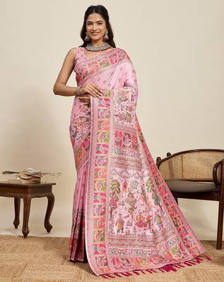 pink art silk woven kanjivaram silk saree with blouses 1