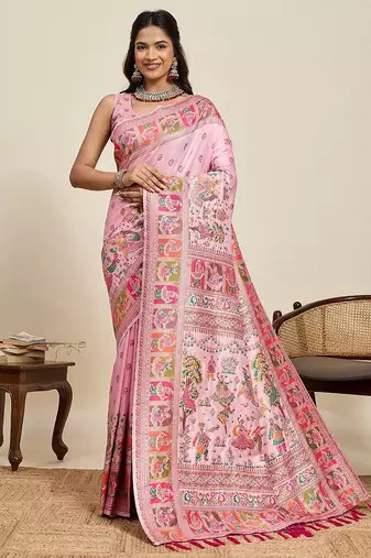 pink art silk woven kanjivaram silk saree with blouses