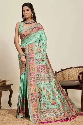green art silk woven kanjivaram silk saree with blouses