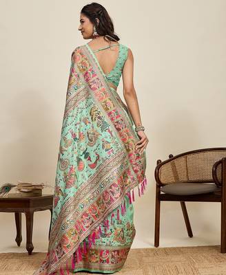 green art silk woven kanjivaram silk saree with blouses 3