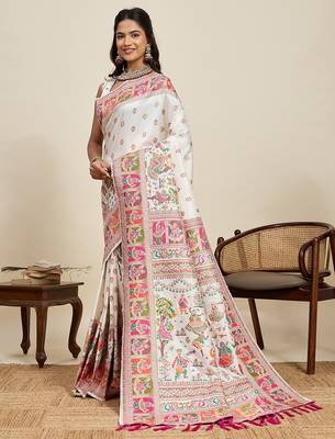 white art silk woven kanjivaram silk saree with blouses 2
