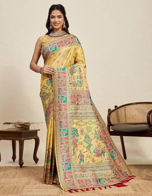 yellow art silk woven kanjivaram silk saree with blouses 1