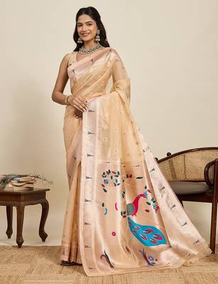 beige art silk woven kanjivaram silk saree with blouses 1