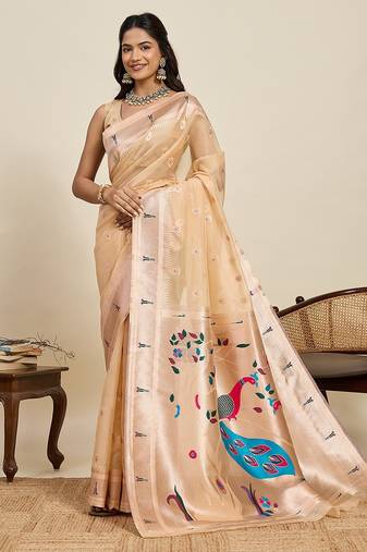 beige art silk woven kanjivaram silk saree with blouses
