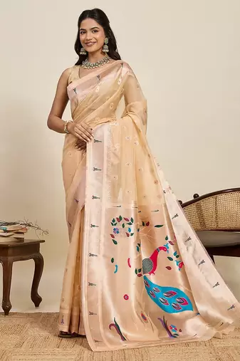 beige art silk woven kanjivaram silk saree with blouses