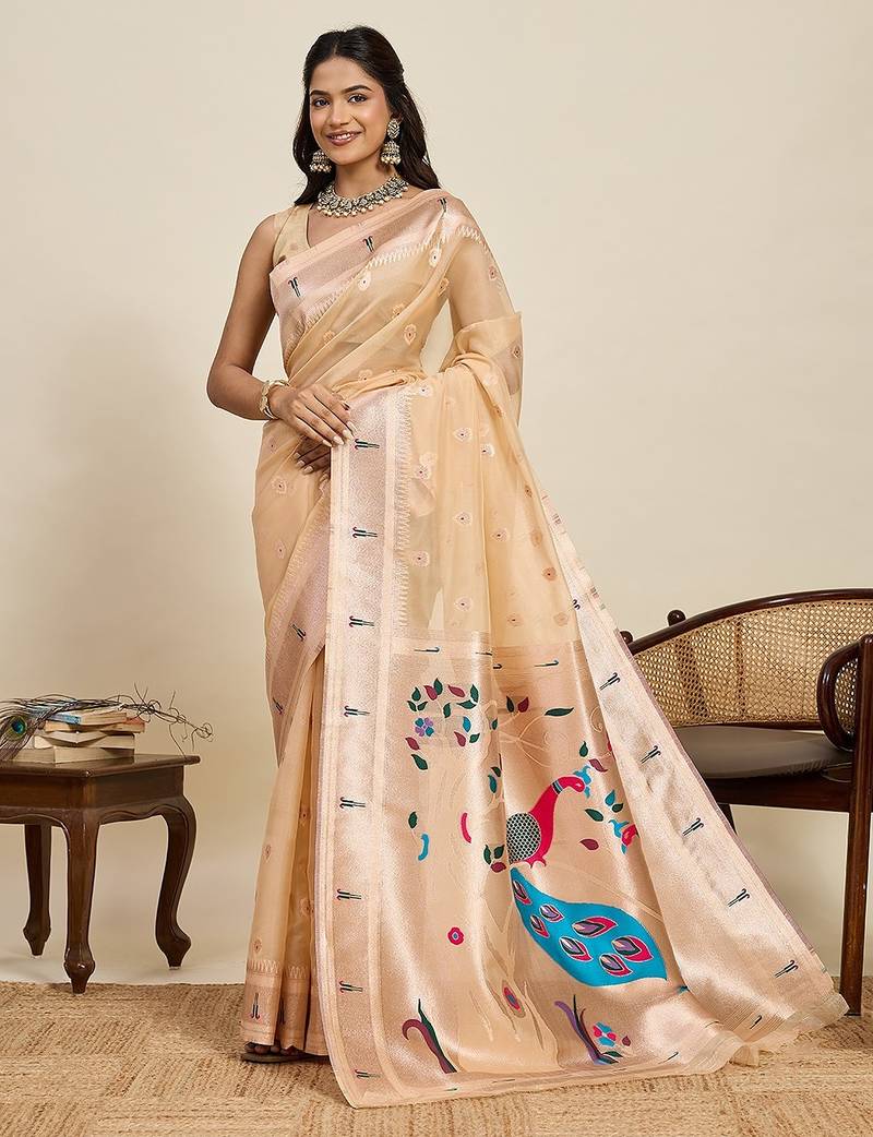 beige art silk woven kanjivaram silk saree with blouses