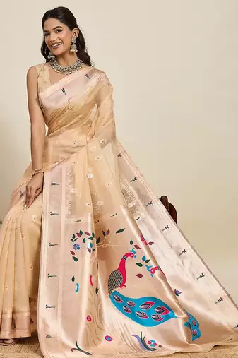 beige art silk woven kanjivaram silk saree with blouses
