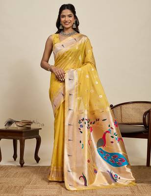 gold art silk woven kanjivaram silk saree with blouses 1