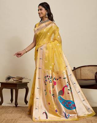 gold art silk woven kanjivaram silk saree with blouses 2