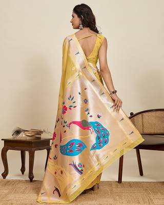 gold art silk woven kanjivaram silk saree with blouses 3