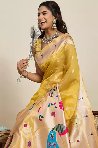 gold art silk woven kanjivaram silk saree with blouses