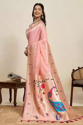 peach art silk woven kanjivaram silk saree with blouses
