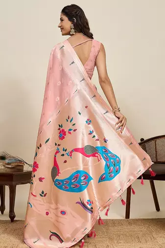 peach art silk woven kanjivaram silk saree with blouses