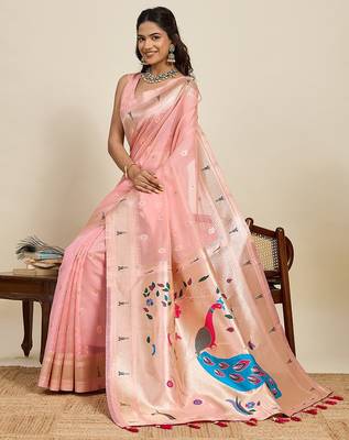peach art silk woven kanjivaram silk saree with blouses 4