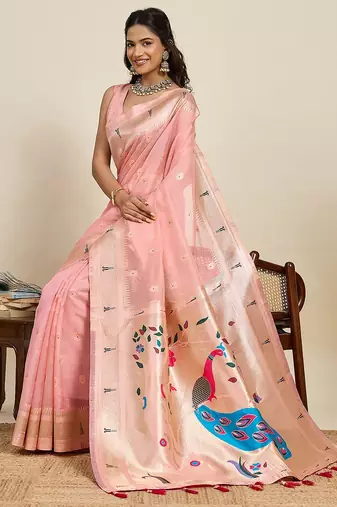 peach art silk woven kanjivaram silk saree with blouses