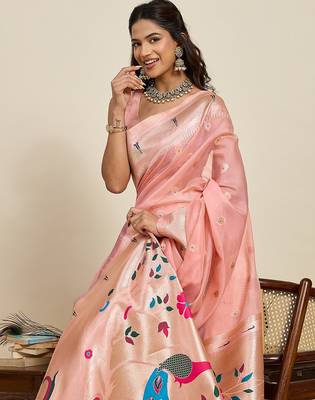 peach art silk woven kanjivaram silk saree with blouses 5