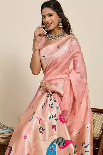peach art silk woven kanjivaram silk saree with blouses