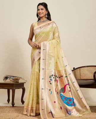 yellow art silk woven kanjivaram silk saree with blouses 1