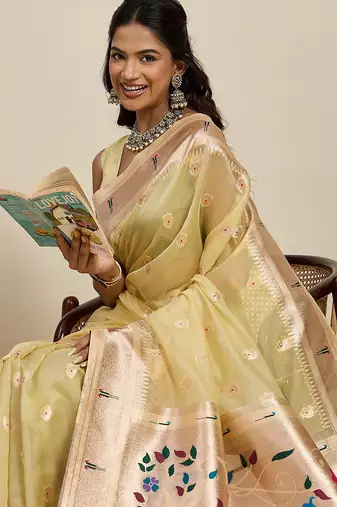 yellow art silk woven kanjivaram silk saree with blouses