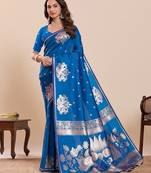 blue art silk woven kanjivaram silk saree with blouses