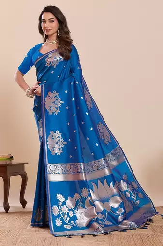 blue art silk woven kanjivaram silk saree with blouses