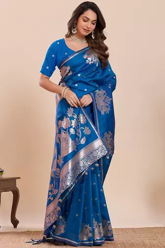 blue art silk woven kanjivaram silk saree with blouses
