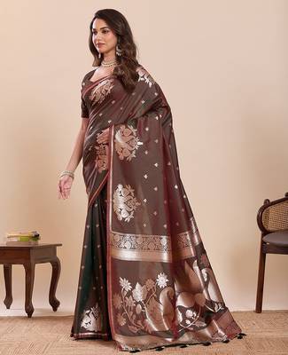 coffee art silk woven kanjivaram silk saree with blouses 2