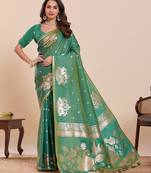 green art silk woven kanjivaram silk saree with blouses