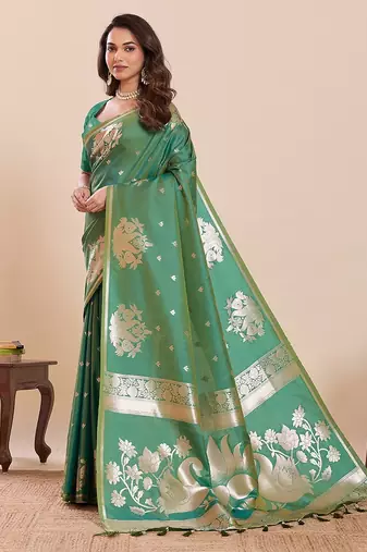 green art silk woven kanjivaram silk saree with blouses